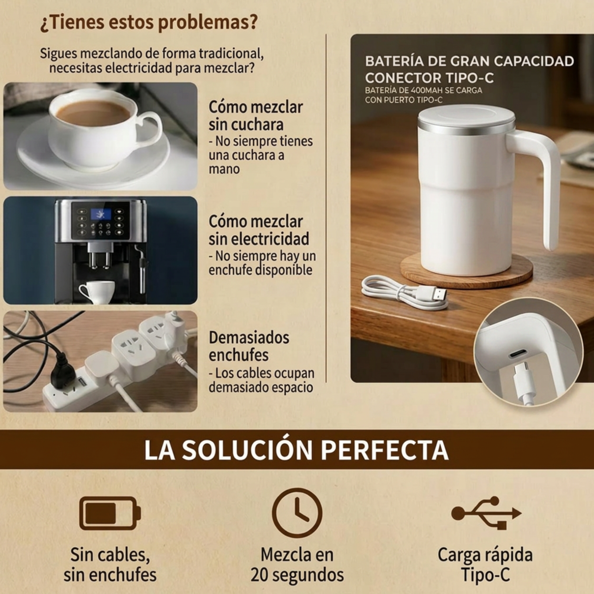 Taza eléctrica de café de 380 ml con automezcla